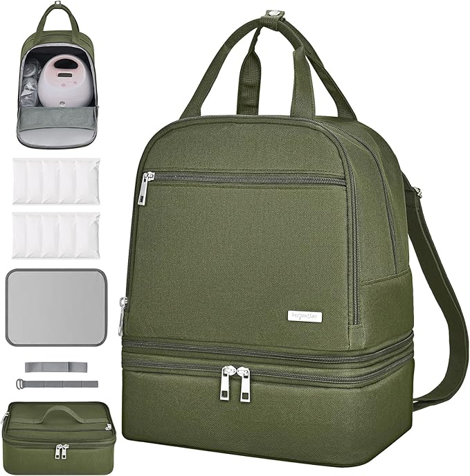 Derbiedersinn Breast Pump Bag, Compatible with Spectra Pumps, Insulated Carrying Case with Cooler for Milk Storage, Travel, Work, Daycare，Green