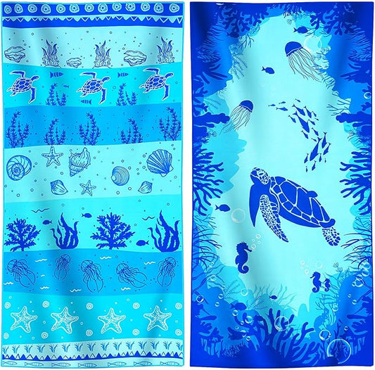 2 Packs Lightweight Thin Microfiber Beach Towel Oversized Quick Dry Compact Sandproof Clearance Towels Sand Free Camping Swimming Pool Easy Pack Travel Accessories Essentials Adults Starfish Turtle
