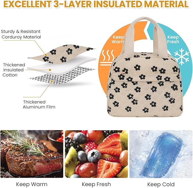 Insulated Lunch Bag for Women, Portable Lightweight Lunch Box for Adults, Reusable Small Lunch Tote Cooler Bags with Front Zipper Pocket for Work School Picnic(Corduroy Floral)