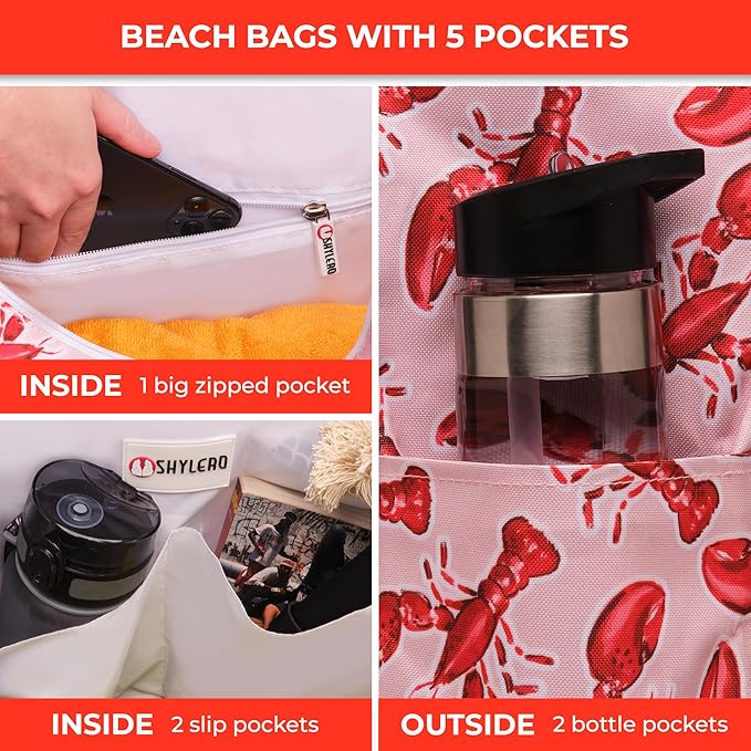 Beach Bag and Pool Bag Has Cooler Pocket, 7 Pockets Total, Zip Top. Family Size Waterproof Beach Tote