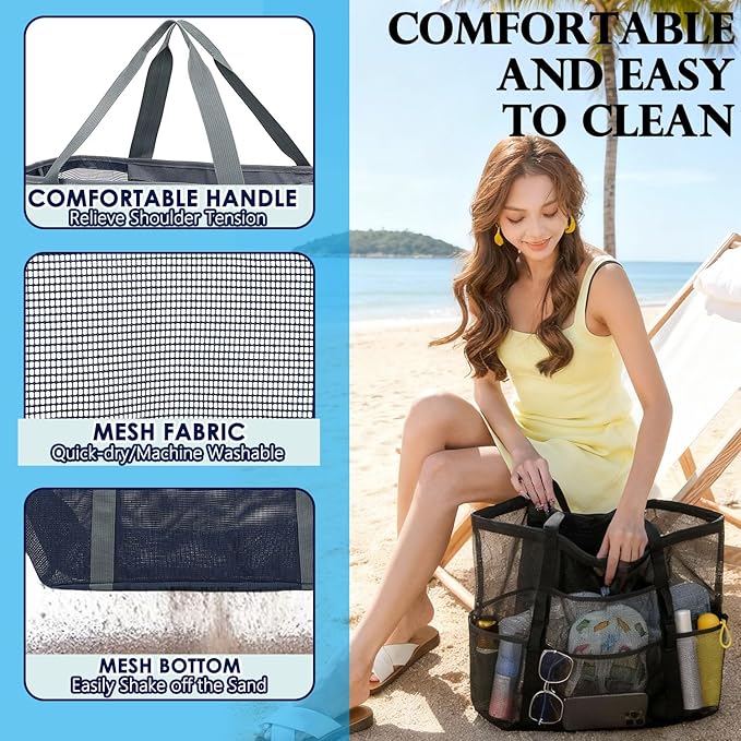 Mesh Beach Bag, Large Beach Tote with Zipper Pocket, Toys Pool Bag for Family Travel Vacation Cruise Essentials