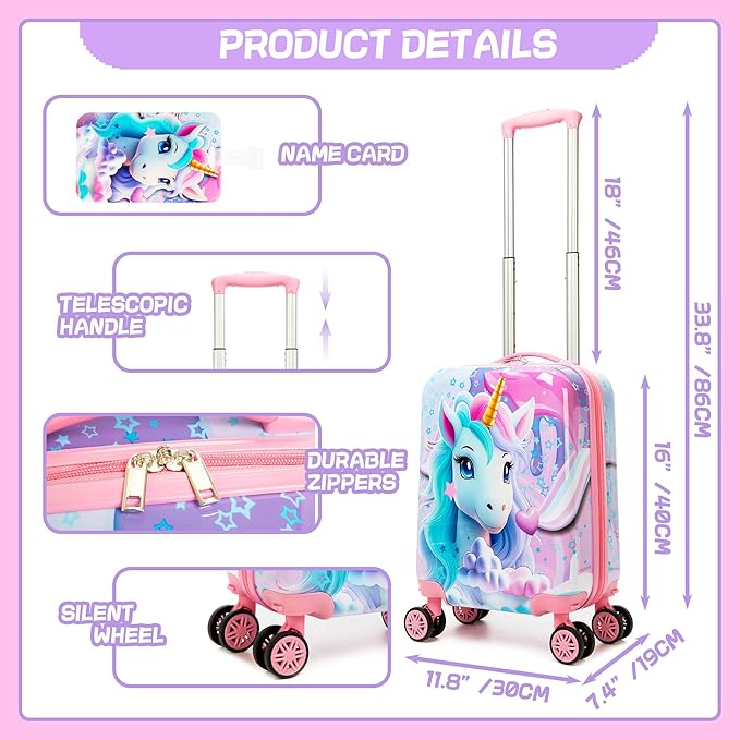 Cute Unicorn Kid’s Luggage Set 2 Piece Suitcase Set 16" Hardside Luggage with Spinner Wheels Girls Carry on Toddler Travel Rolling Luggage Airline Approved