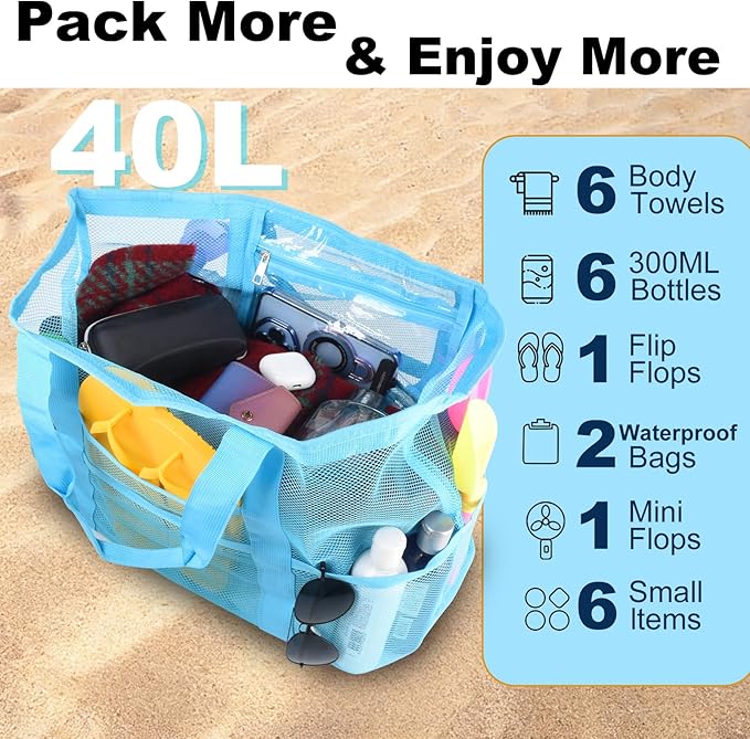 Mesh Beach Bag,Large Beach Bags for Women with 8 Pockets,Packable Tote Bag for Beach Cruise Pool Vacation Essentials