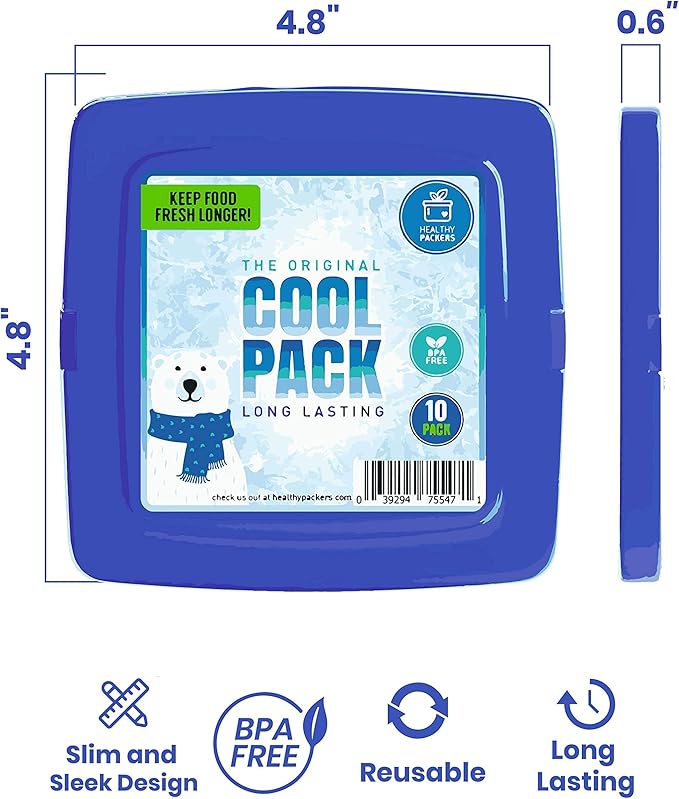 Healthy Packers® Reusable Ice Packs for Lunch Boxes Kids and Adults | Long‑Lasting Thin Freezer Packs for Coolers, Bento Boxes, Lunch Bags, Travel, School Meals, Meal Prep (10-Pack | Square)