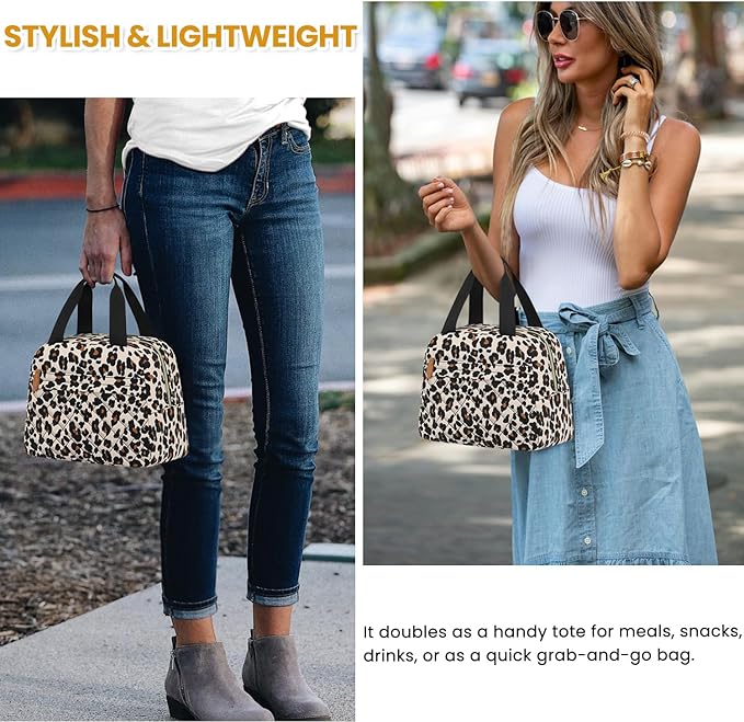 Insulated Lunch Bag for Women, Portable Lightweight Lunch Box for Adults, Reusable Small Lunch Tote Cooler Bags with Front Zipper Pocket for Work School Picnic(Leopard)
