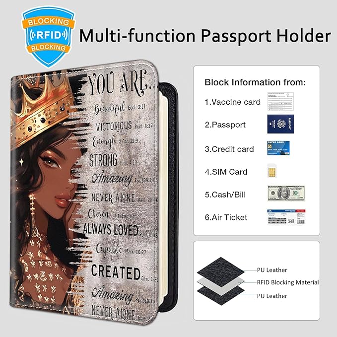 Passport Holder Women Wallet with Luggage Tag, Leather Passport Cover with RFID Blocking, Travel Accessories Multi Card Slot Passport Case for Men，African American Black Girl Quotes