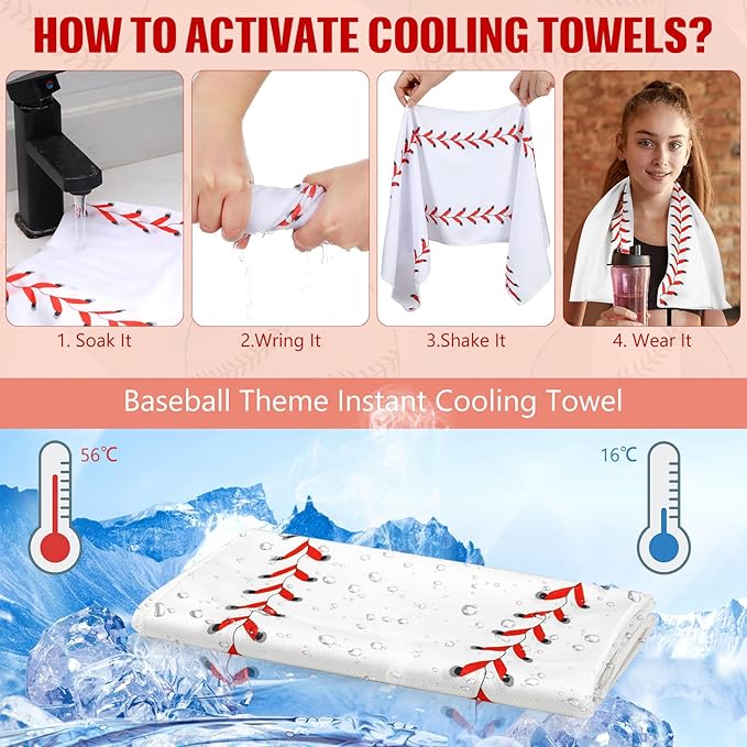 12 Pcs Mini Baseball Cooling Towel with Snap Loop, 30" x 9" Cooling Towel for Neck and Face Breathable Chilly, Microfiber Sport Rags for Baseball Team Gift, Cold Sweat Rag for Sport