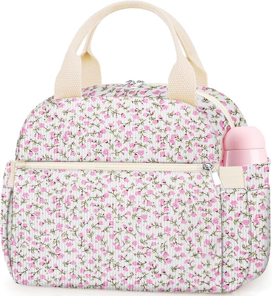Lunch Box for Women, Cute Flower Corduroy Insulated Lunch Bag Women Reusable Work Leakproof Simple Adults Large Lunch Boxes Tote Bag Men Cooler Bag