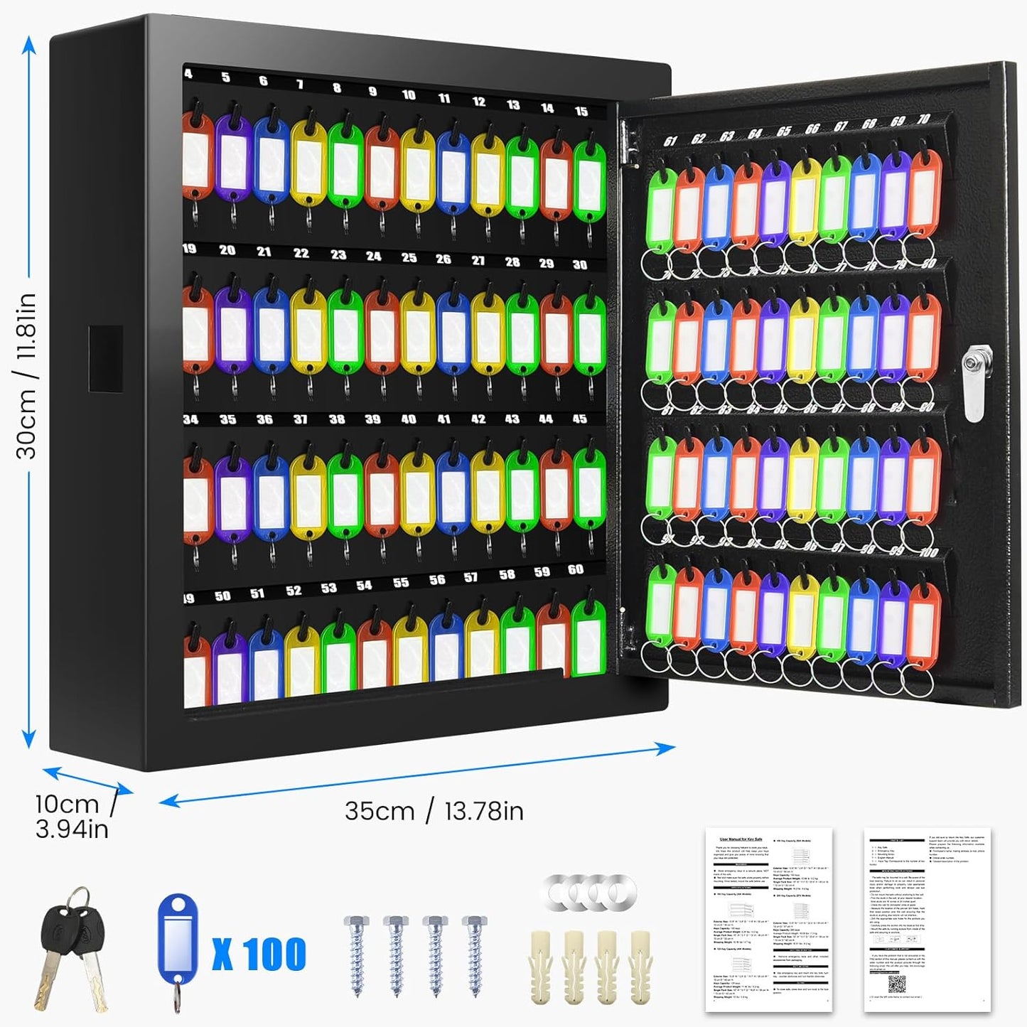 100 Keys Key Lock Box, Anti-Theft Key Cabinet with Key Tags, Key Organizer Wall Mount for Car Garage House Rental Office Business