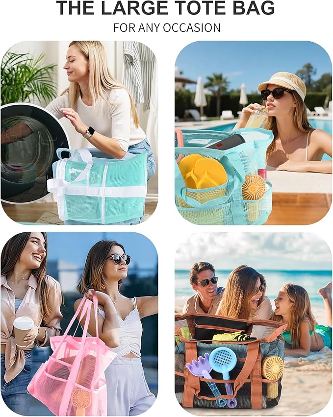 Genteen 40L Mesh Beach Bag, Foldable Sandproof Tote with Waterproof Pocket Quick Dry for Women Family Pool Vacation（White