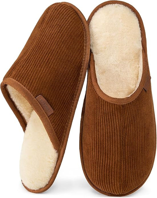 VeraCosy Men's Corduroy Scuff Slippers Soft Comfy Memory Foam Non-slip Indoor House Shoes