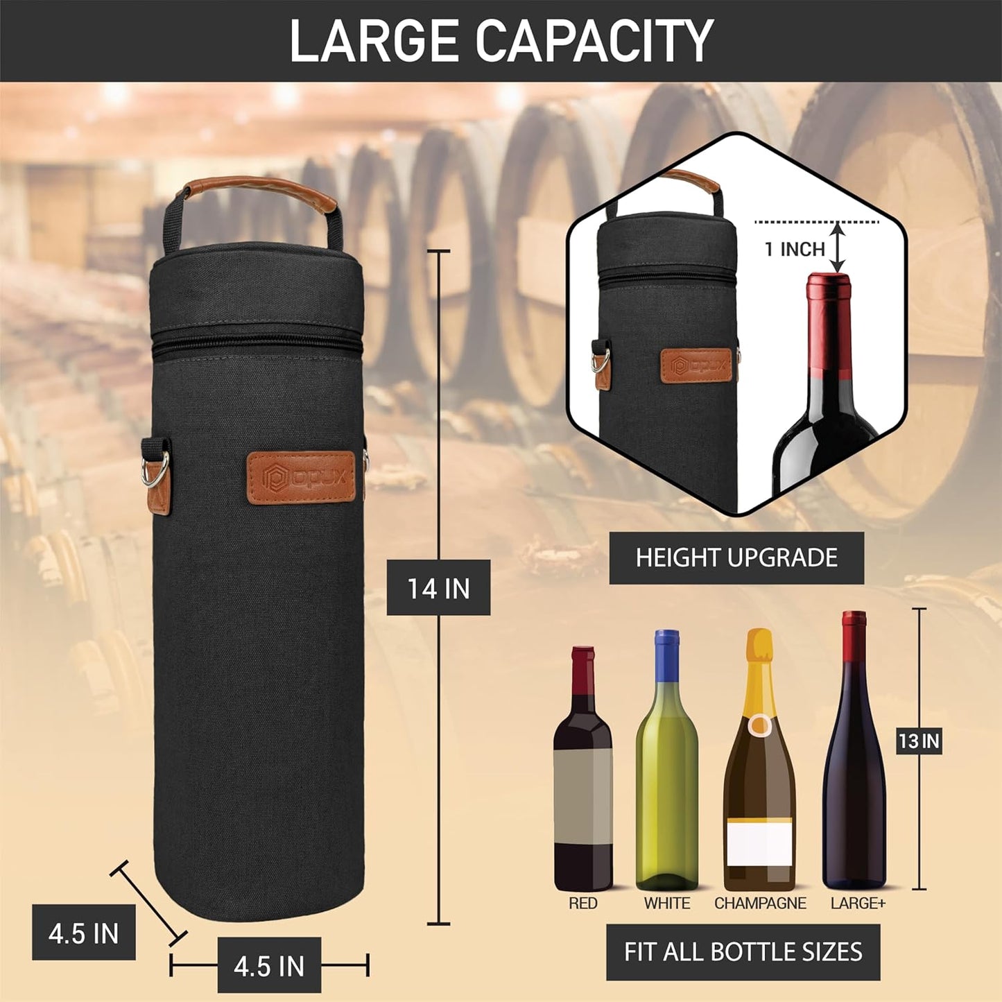 opux Wine Bag Single Bottle Carrier Tote, Insulated Wine Cooler Bag for Travel Picnic Beach with Shoulder Strap, Thermal One Bottle Holder Carrying Case Wine Gift for Women Men, Black