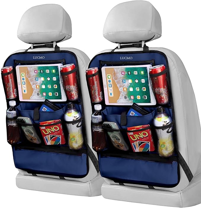 LUCMO Car Backseat Organizer with Touch Screen Tablet Holder-2 Pcs,9 Storage Pockets Car Storage Organizer Protectors Kick Mats Travel Accessories for Kids-Dark Blue