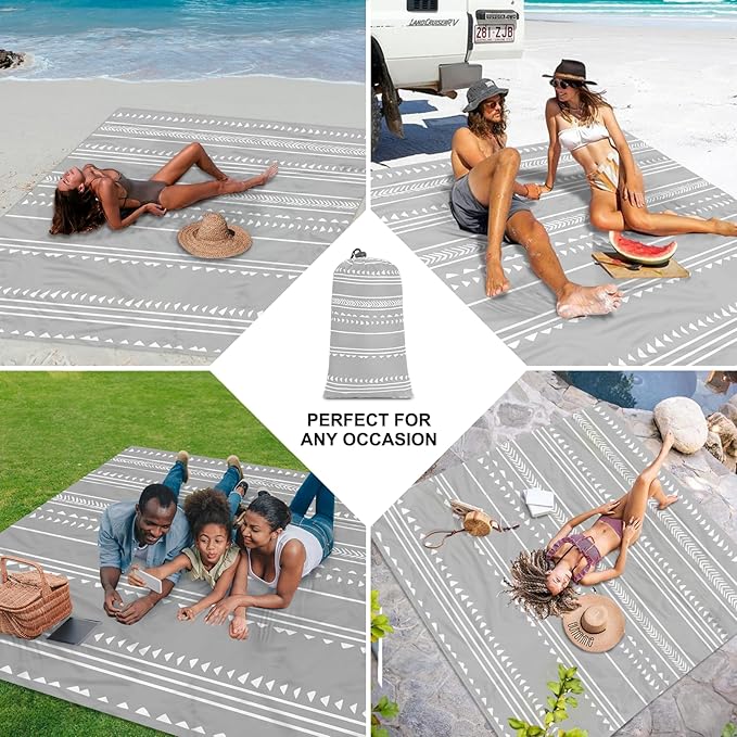 Extra Large 110''×118'' Beach Blanket for 8 Adults, Outdoor Beach Mat Sand Free Waterproof with 4 Stakes & 4 Corner Pockets, Polyester Lightweight Foldable Grey Picnic Mat for Travel, Camping, Hiking