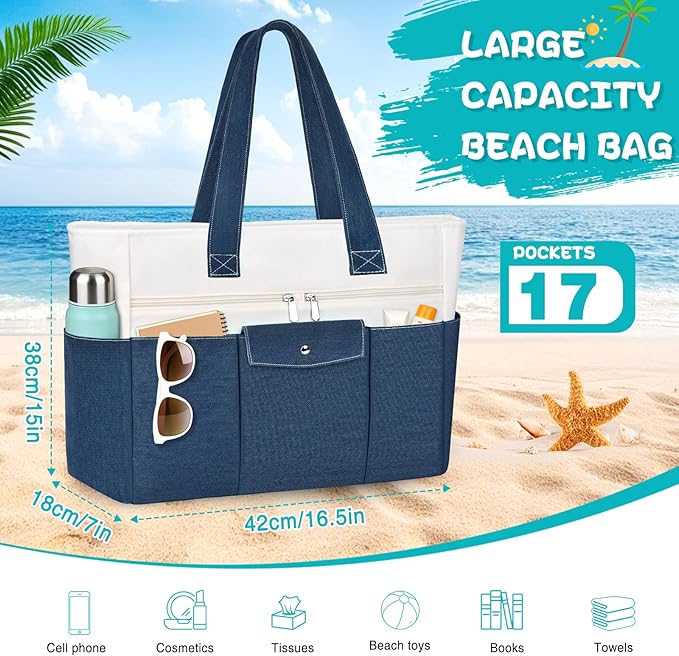 Beach Bags for Women Large Canvas Beach Tote with Zipper Wet Pocket, Waterproof Foldable Swim Pool Travel Tote Bags