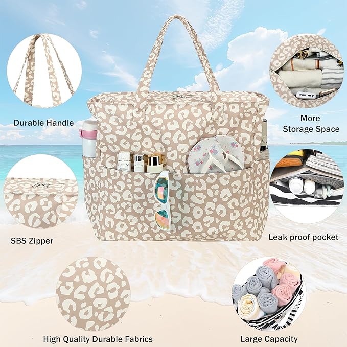 LEDAOU Large Beach Bag Women Waterproof Sandproof Zipper Beach Tote Pool Bag for Swim Gym Grocery Travel with Wet Pocket | Waterproof, Sandproof, Zipper, Pool, Gym, Grocery