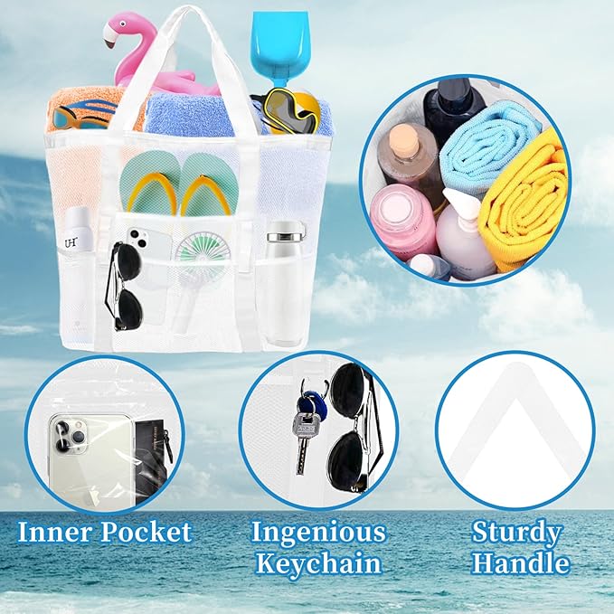 Large Mesh Beach Bag - Lightweight & Foldable Family Beach Bag with 9 Pockets for Toys, Towels & Vacation Essentials