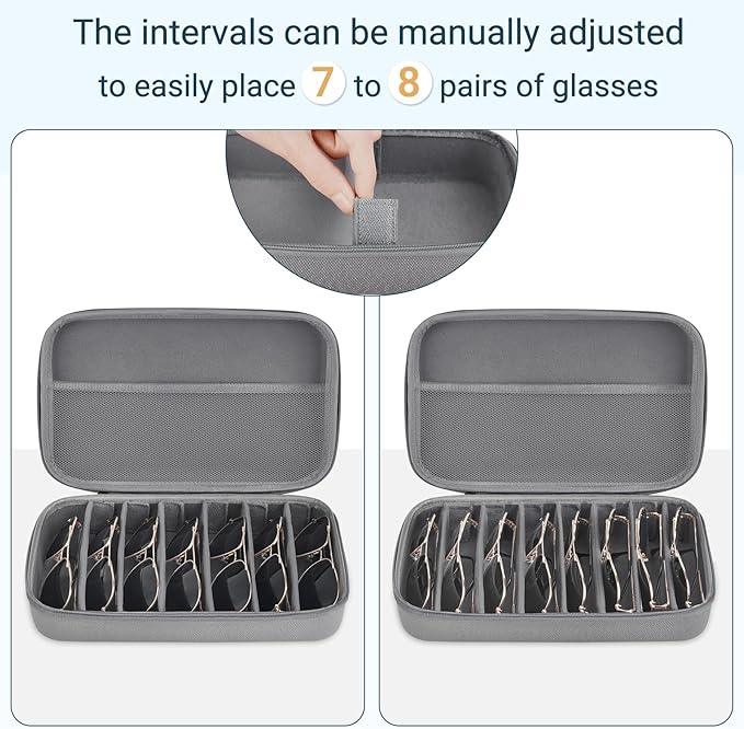 Mkono Travel Sunglasses Organizer Glasses Case Multiple Pairs with Adjustable Slots Eyeglasses Case Storage Box for Men (8 Slots, Gray)