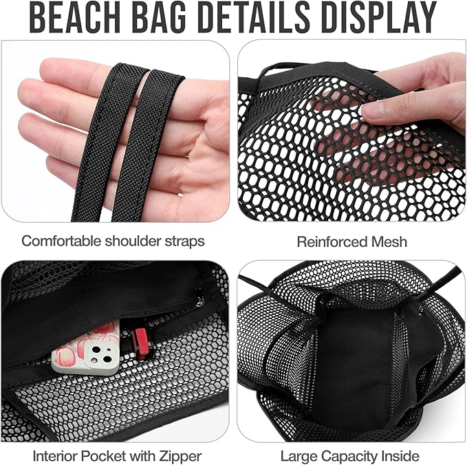 KPX Beach Bag with Mini Pocket, Beach Tote Bags for Women Large Foldable Mesh Swimming Pool Travel Bags - Sandproof