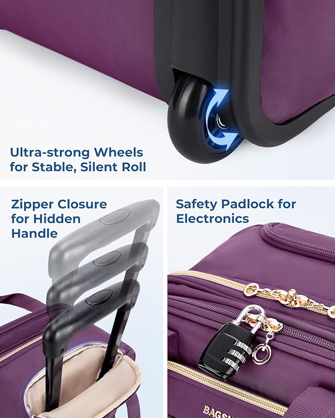BAGSMART Underseat Carry On Luggage Airline approved,16-inch Underseater Softside Travel Suitcase with Wheels Lightweight Overnight Rolling Carry-on Luggage for Women Men Weekender, Purple