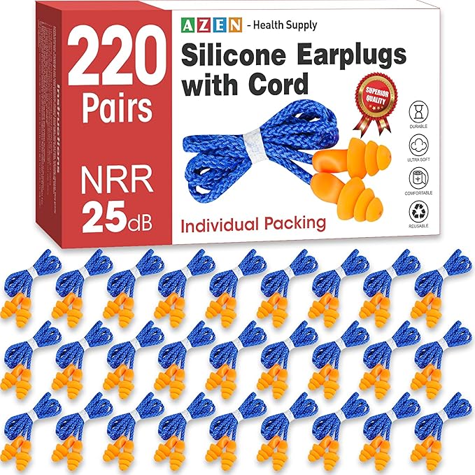 AZEN 220 Pairs Silicone Ear Plugs, Reusable Earplugs for Noise Reduction, 25dB NRR Corded Ear Plug for Sleeping Noise Cancelling, Ear Plug with String Individual Packing
