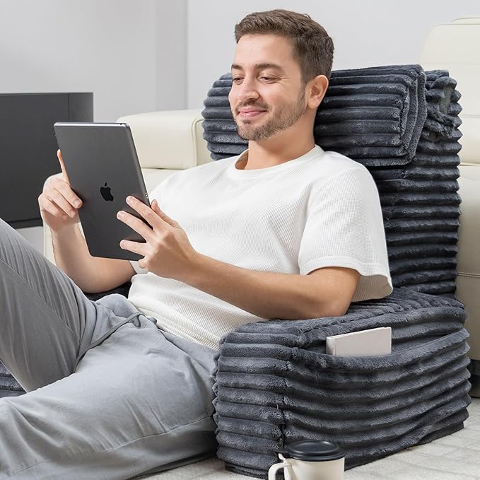 ENITYA Reading Pillow for Sitting in Bed Adult, 24in XXL Back Pillow for Bed Sitting up, Big Pockets & Built-in Arms, Back Support Chair Pillow for Watching TV/Reading/Gaming/Resting/Post Surgery,Grey