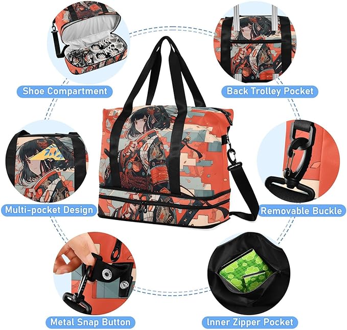 AIXIWAWA Duffel Bags Set Anime Samurai Red Print for Gym Travel with Shoes Compartment Large Capacity
