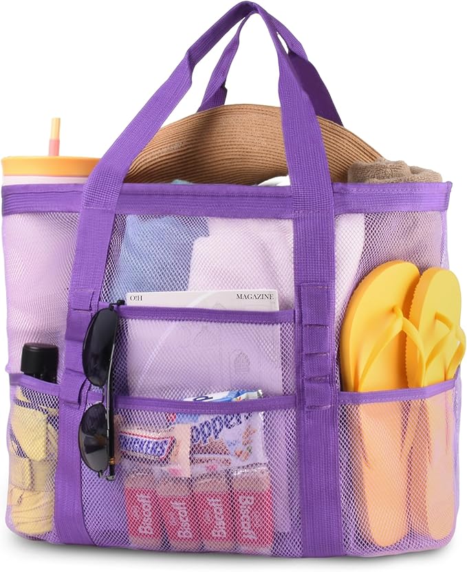Genteen 40L Mesh Beach Bag, Foldable Sandproof Tote with Waterproof Pocket Quick Dry for Women Family Pool Vacation（White
