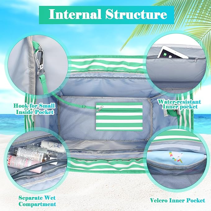 Large Beach Bag with Zipper, 12 Pockets Waterproof Sandproof Pool Bag Womens Mesh Beach Tote Bag for Travel Vacation