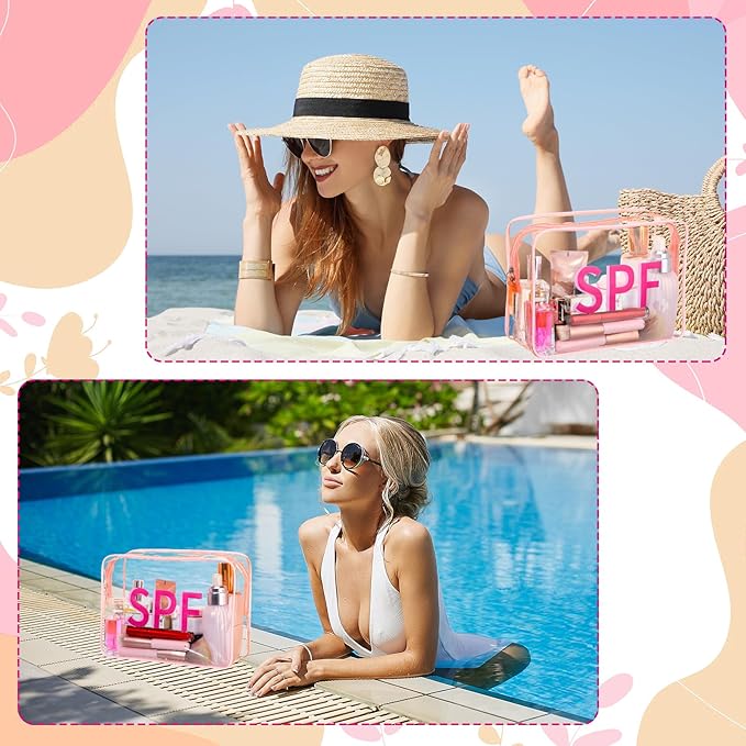 Spf Clear Makeup Bag 9.5" x 7" x 3.5" Pink Beach Pouch Large Waterproof Travel Toiletry Cosmetic Bag PVC Transparent Zippered Organizer for Women Girl Summer