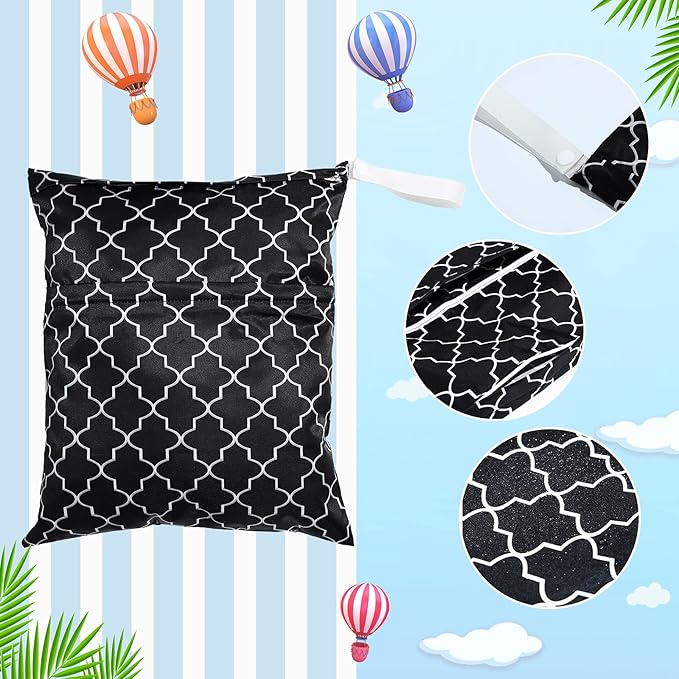Frienda 4 Pieces Wet Dry Bag for Baby Waterproof Reusable Washable Diaper Bag Sealed with Handle for Travel, Beach, Swimsuit, Diapers, Dirty Gym Clothes and Toiletries (Dark Geometric)
