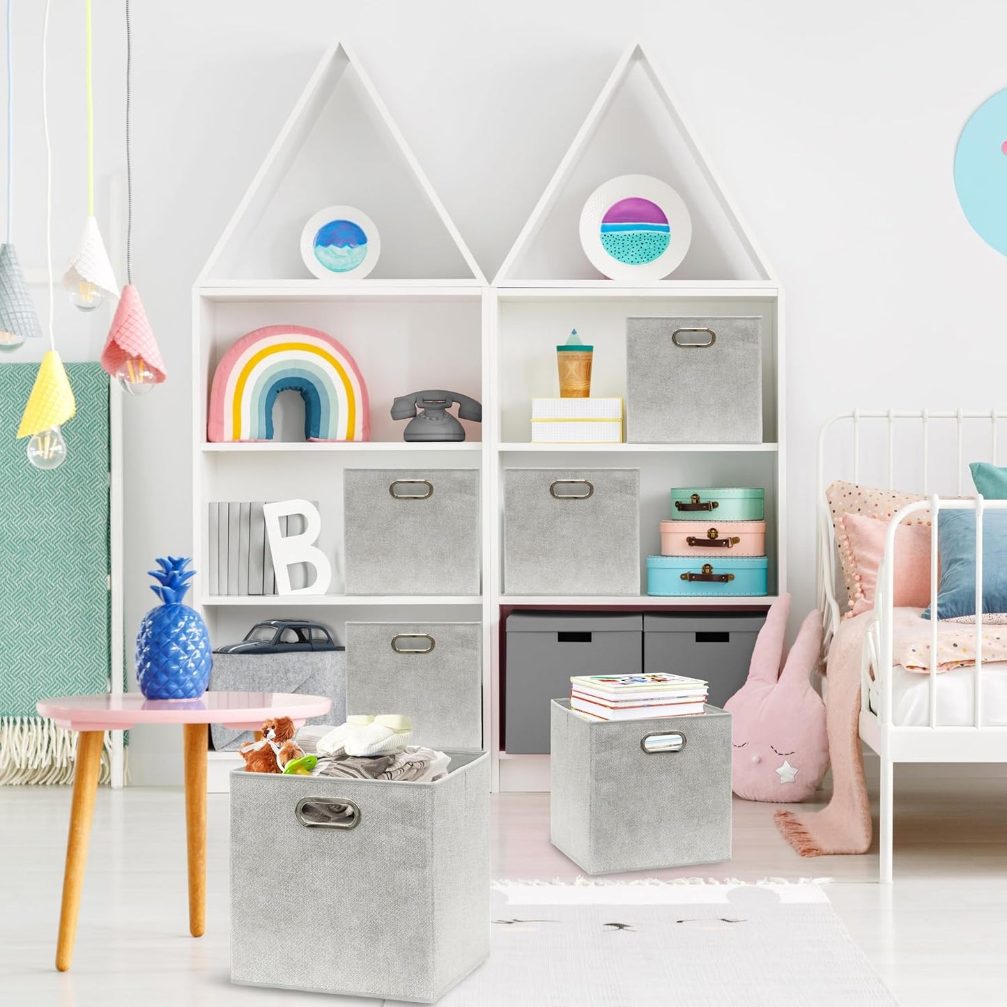 SIMPLE HOUSEWARE 11-Inch Collapsible Fabric Cube Storage Bin with Handles, Printed Design, 6 Pack, Gray