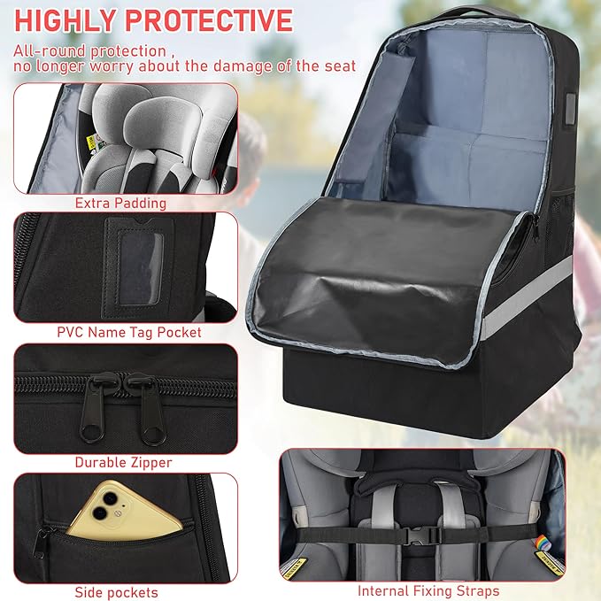 Padded Car Seat Travel Bag for Airplane, Heavy Duty Car Seat Bag for Air Travel Gate Check Carseat Carrier Bag with Shoulder Strap, Fits Most Baby & Infant Car Seats