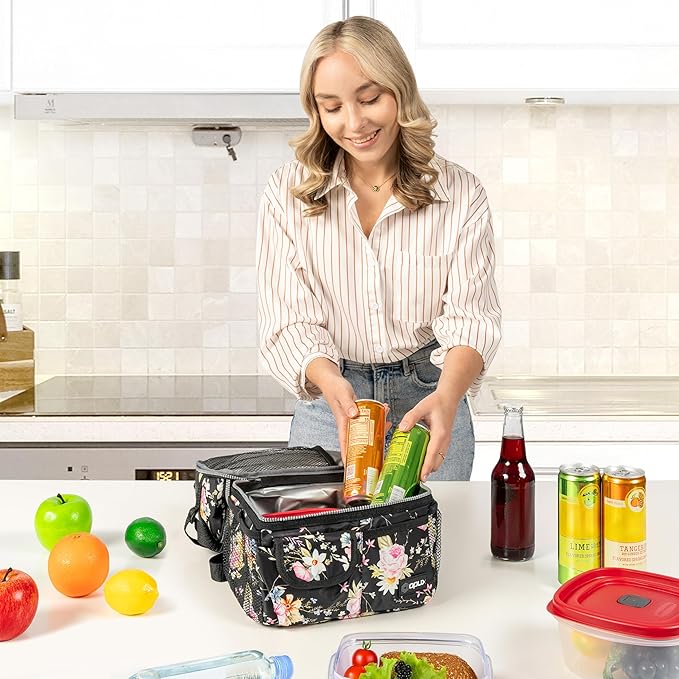 opux Lunch Bag Women Insulated, Adult Lunch Box Cooler, Flower Lunch Box, Dual Compartment Lunchbox for Work, Leakproof Double Decker Lunch Bag, Soft Lunch Pail Tote Girls Kids School, Floral Black