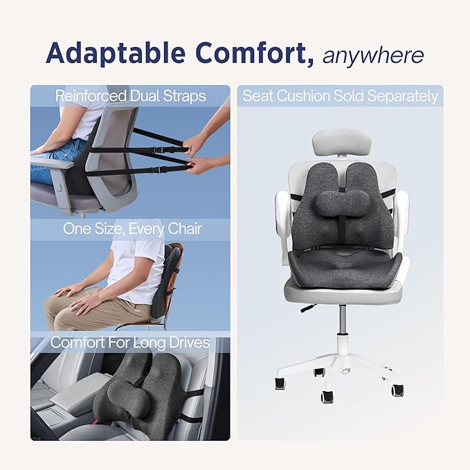 Lumbar Support Pillow for Office Chair - Lower Back Pain Relief Cushion with Adjustable SpineAlign™ Bolster, Memory Foam Pillow for Car, Couch, Gaming Seats - Dual Straps, Dark Grey