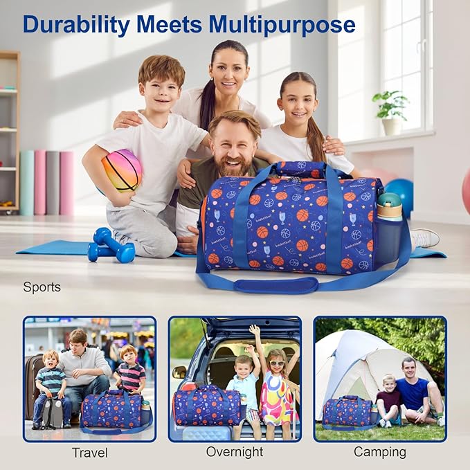 Bagseri Boys Duffle Bag for Travel - Kids Gym & Sports Bag with Shoe Compartment & Water Resistant Wet Pocket, Weekender for Camping & Sleepover (Blue Basketball)