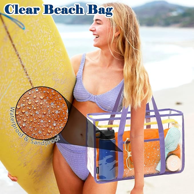Clear Beach Bag for Women, Large Pool Tote Cruise Vacation Essentials - Zipper Closure, Waterproof, Sandproof