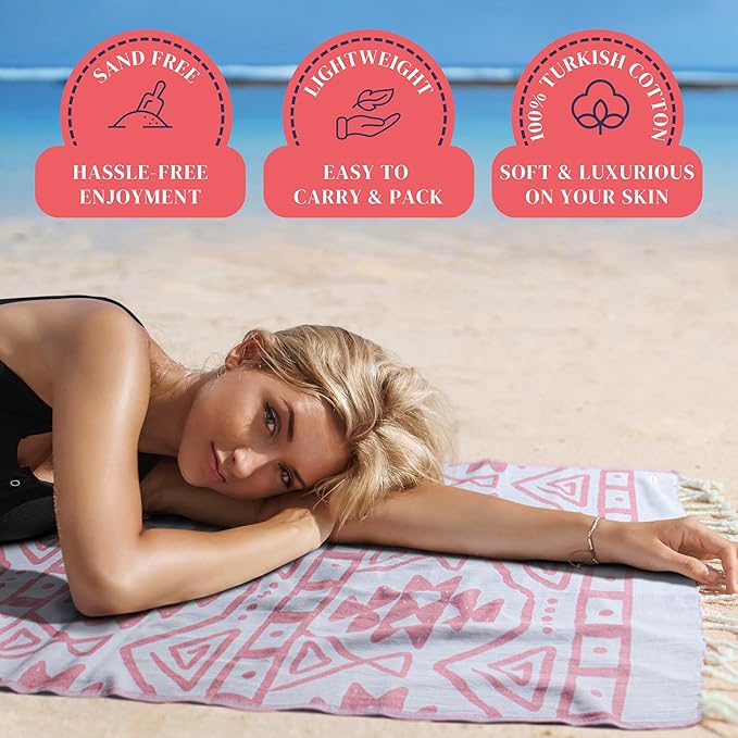 Authentic Cotton Turkish Beach Towel Quick Dry for Travel - 100% Cotton Beach Towel Large Oversized (69 x 37 inch) - Toallas de Playa para Adultos – Cloud, Sand Free, Lightweight Beach Items for Women