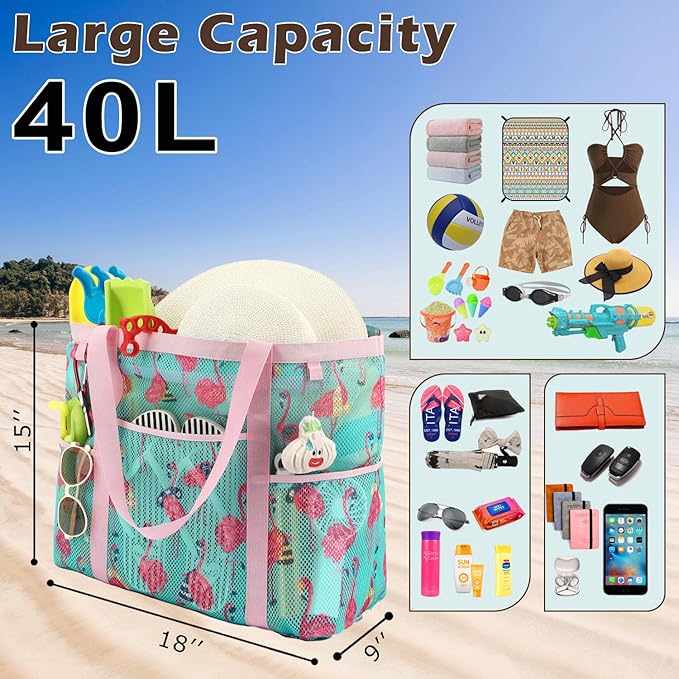 Mesh Beach Bag with Zipper, Large Beach Tote for Women, Toys Pool Swim Bag Travel Vacation Cruise Essentials