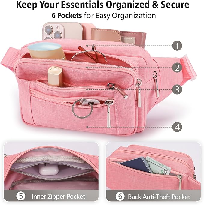 Packism Fanny Packs for Women Men - 6 Pockets Large Crossbody Waist Bag with Adjustable Strap Belt Bag for Travel Running Hiking