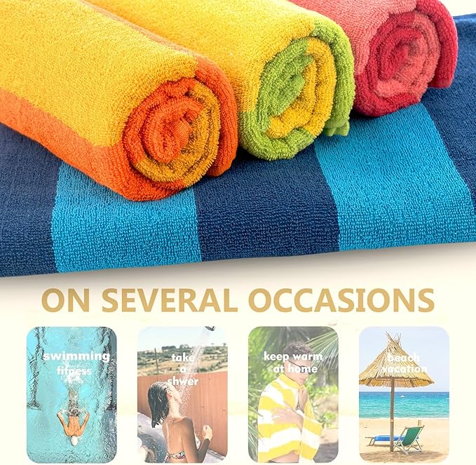 CASA COPENHAGEN Malibu Towel 4Pcs Lime Green Designer Stripe Beach Towels Gift Set, 30"x60" Oversized 100% Cotton Pool Bath Towel for Beach Gift Set (Perfect Summer Gift Set for Women & Men)