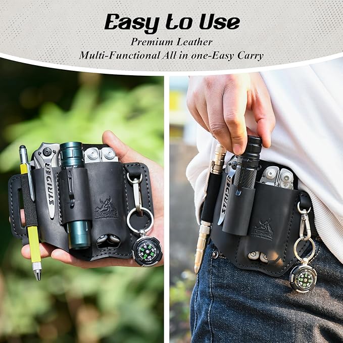 FLYHOMES Premium Full-Grain Genuine Cowhide Leather Multitool Sheath | Handmade Stitched Belt Organizer for Leatherman, Flashlight, Pen & EDC Tools | Multi-Tool Holster Pouch with Keychain Clip