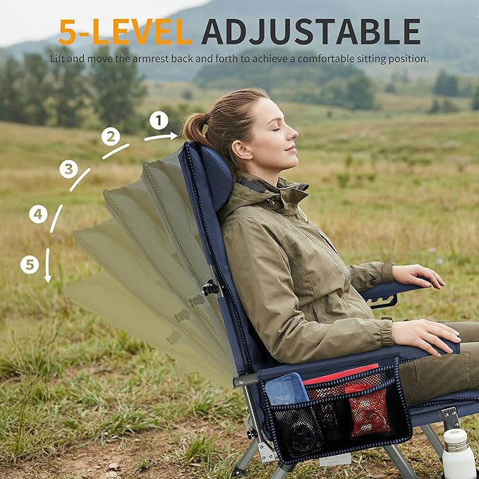 Folding Camping Chair with Cup Holder and Storage Bag, Heavy Duty Support 400 LBS, Oversized Collapsible Portable Adjustable Back Support Camping Chair for Outdoor (Adjustable-Blue)