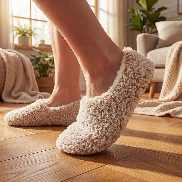 Cozylook 2-Pair Women's Soft Sole Slipper Socks with Grippers, Thick Warm Cozy Sherpa Lined Home Socks Set, Cable Knitted Non-slip Fluffy Winter House Bedroom Slippers