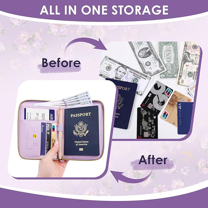 Passport Holder, Passport Holder For Travel, Passport Cover For Travel Essentials, Passport Wallet Cover RFID Blocking, Cute Passport Book for Women and Men, Purple Flowers
