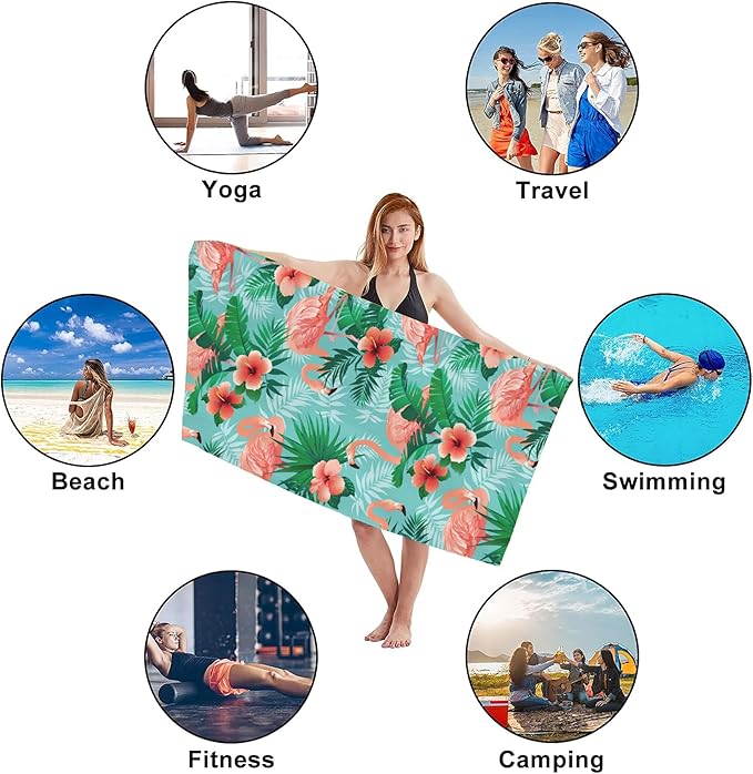 Flamingos Beach Towel,Tropical Pink Flamingos and Jungle Palm Leaves Lightweight Compact Sand Free Quick Dry Oversized Pool Swimming Towels for Girls Women Adults,29.5"×59"
