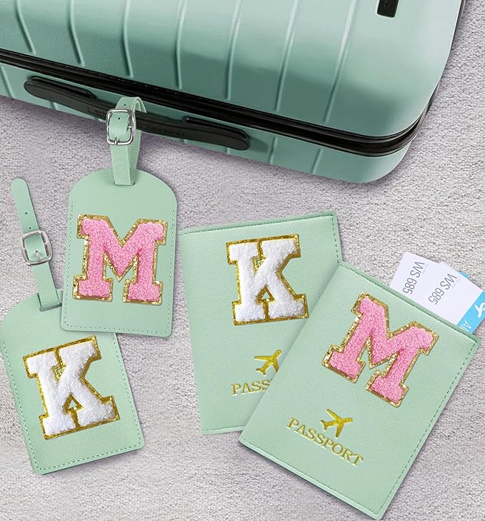 COSHAYSOO Green Passport Cover and Luggage Tag Set with Initial Letter for Women Teenage Girls, Small Useful Travel Gifts for Woman Teens Teal O