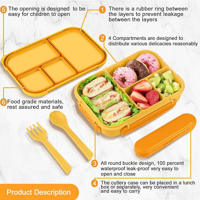 Lunch Box Kids,Bento Box Adult,Leakproof Lunch Containers for Adults/Kids/Toddler,1200ML-4 Compartments bento Lunch box with Utensil,Microwave & Dishwasher & Freezer Safe (Yellow)