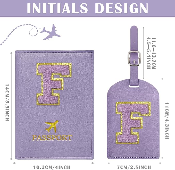 COSHAYSOO Initial Passport Cover Luggage Tag Set Letter Passport Holder Airplane Cruise Travel Essentials Vacation Traveling Accessories Personalized Gifts for Women Teen College Girls Purple F
