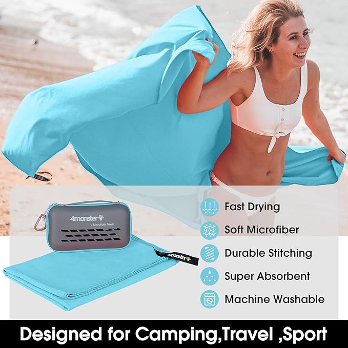 4Monster Quick Dry Travel Towel with Case & Carabiner – Super Absorbent Microfiber Gym & Camping Towel. Compact, Lightweight, Fast Drying for Beach, Swimming, Hiking, Backpacking
